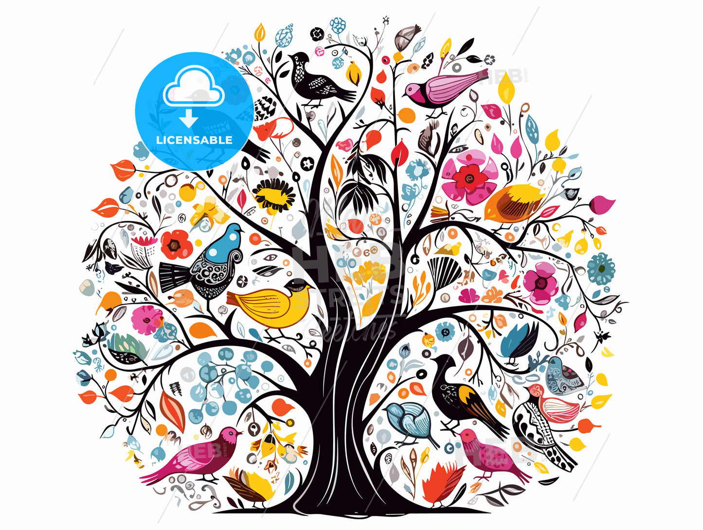 Colorful easter tree with eggs birds and flowers