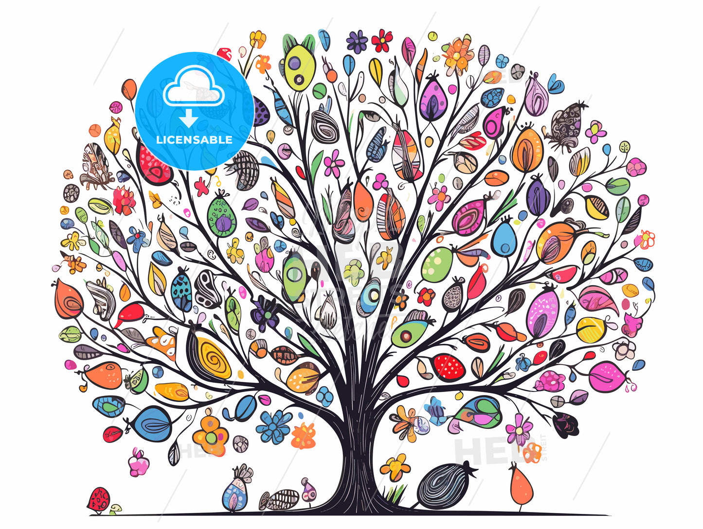 Colorful easter tree with eggs birds and flowers