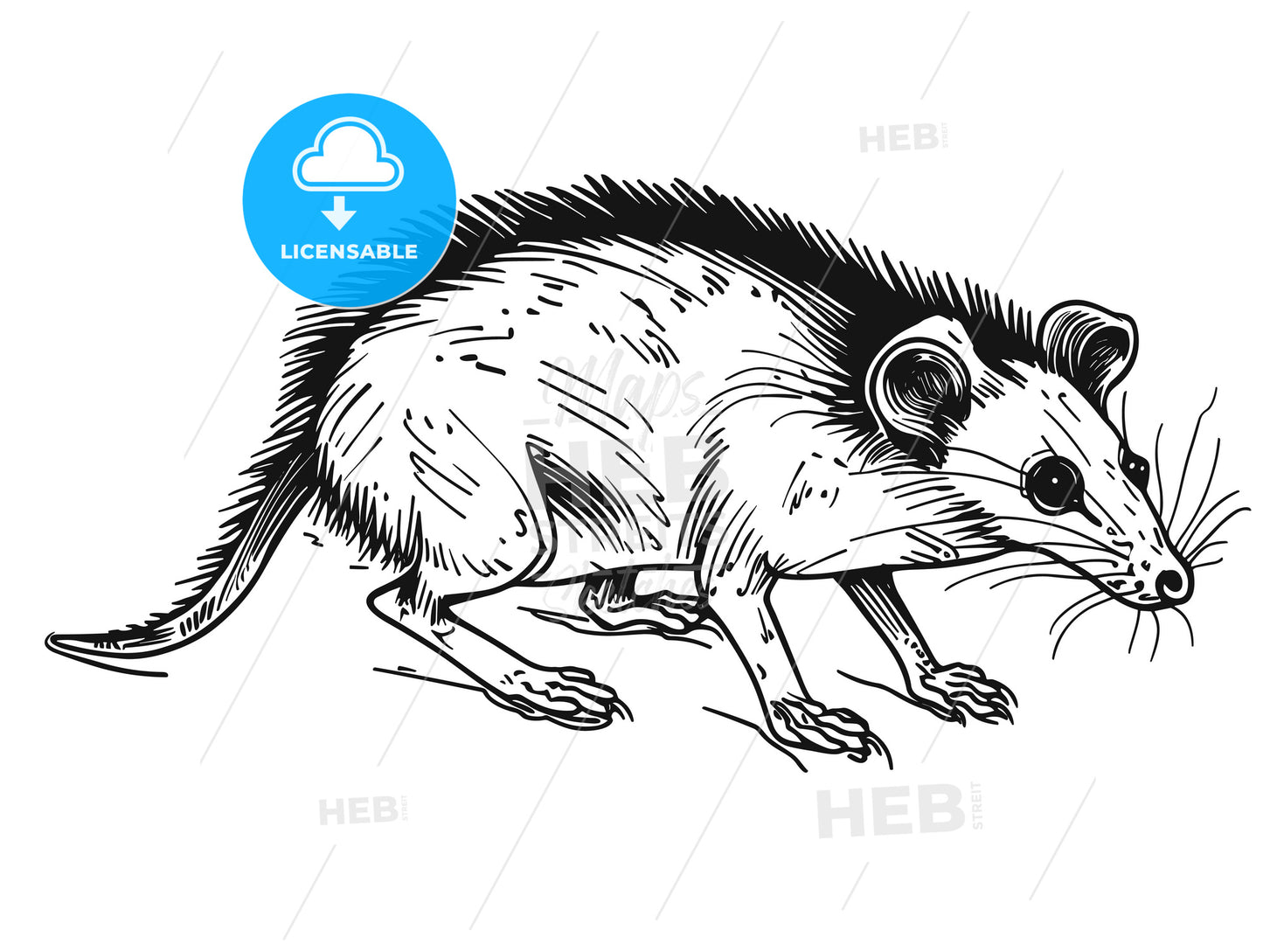 flat woodcut of a crawling white opossum rat.