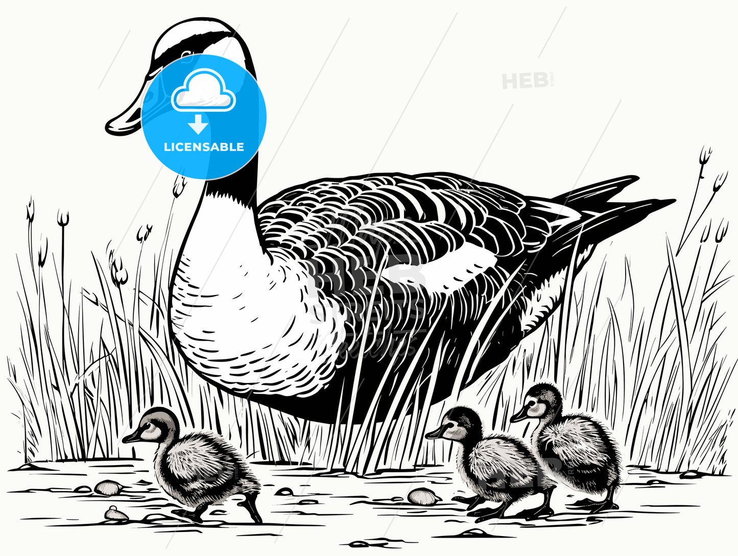 Goose with goslings and eggs on green grass.