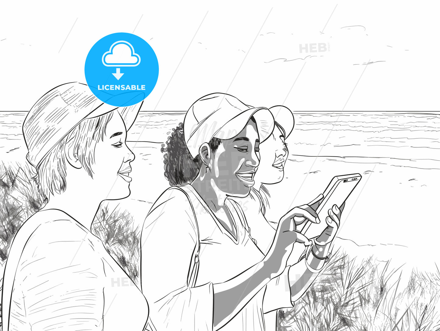 Happy young women with tablet pc on summer beach