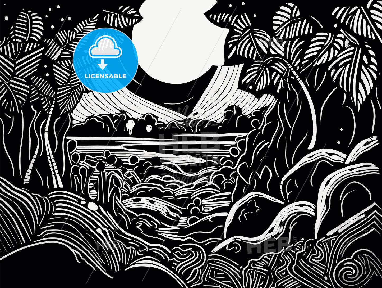 hidden paradise minimalist linocut ink.