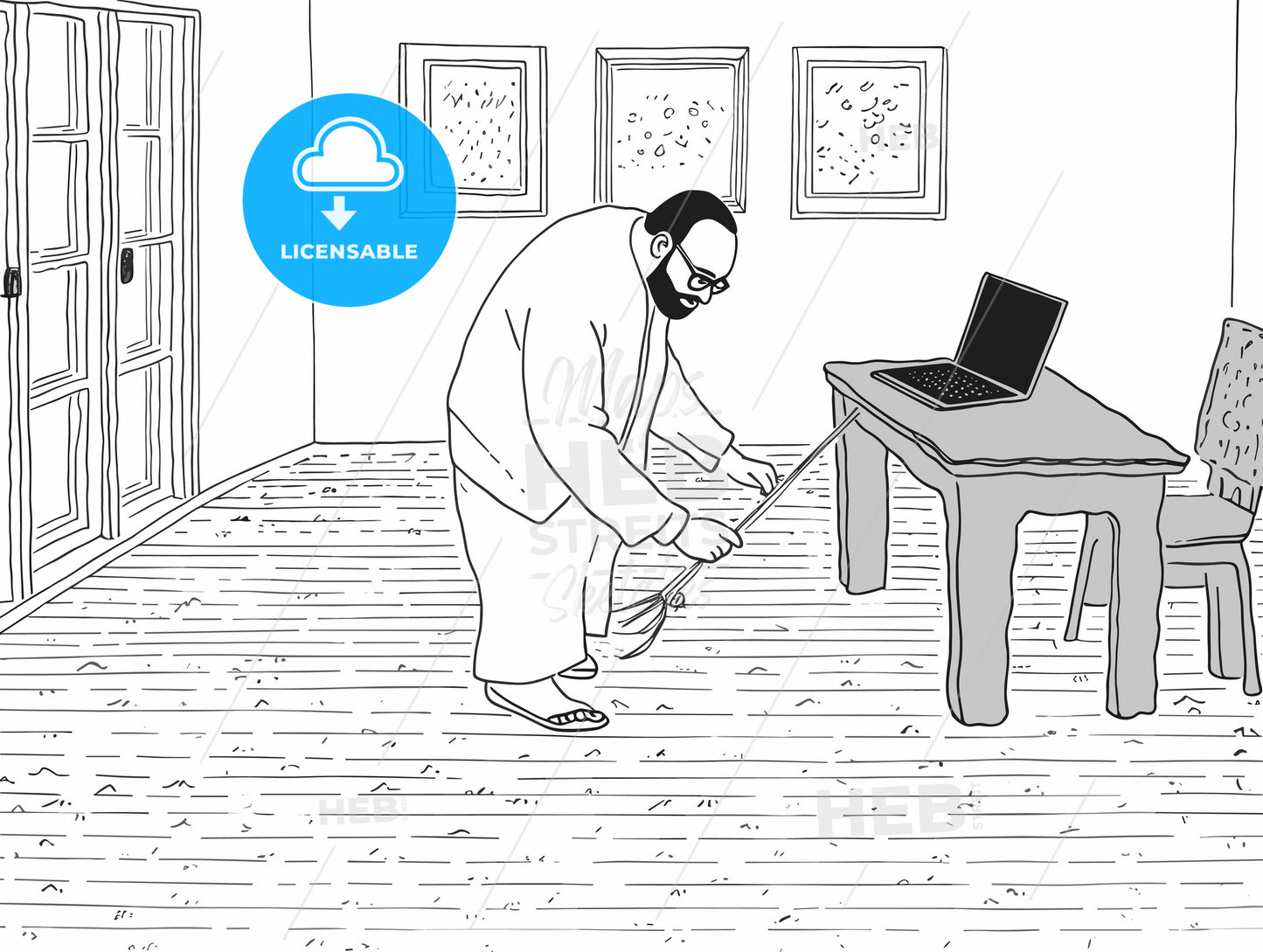 Man in living room using laptop