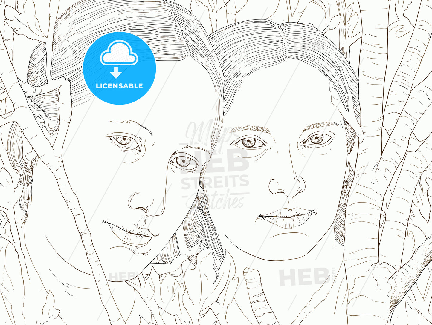 Portrait of two beautiful women behind the tree