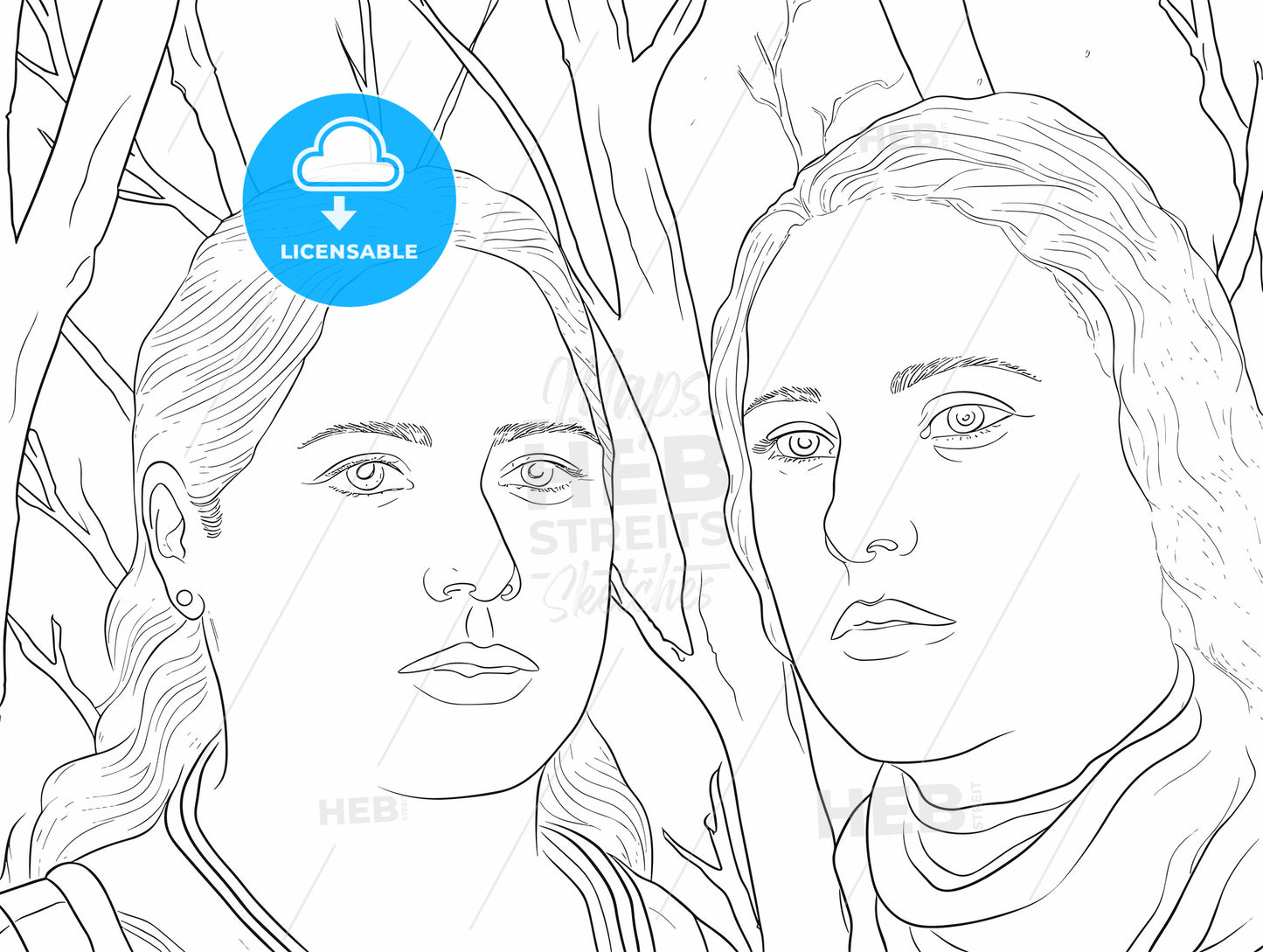 Portrait of two beautiful women behind the tree