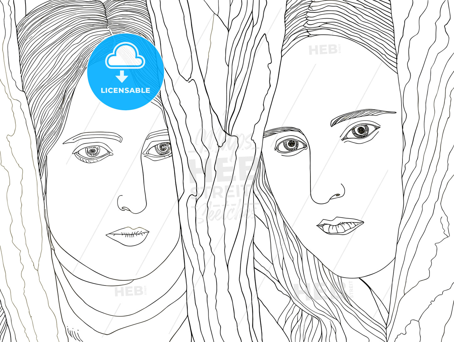 Portrait of two beautiful women behind the tree