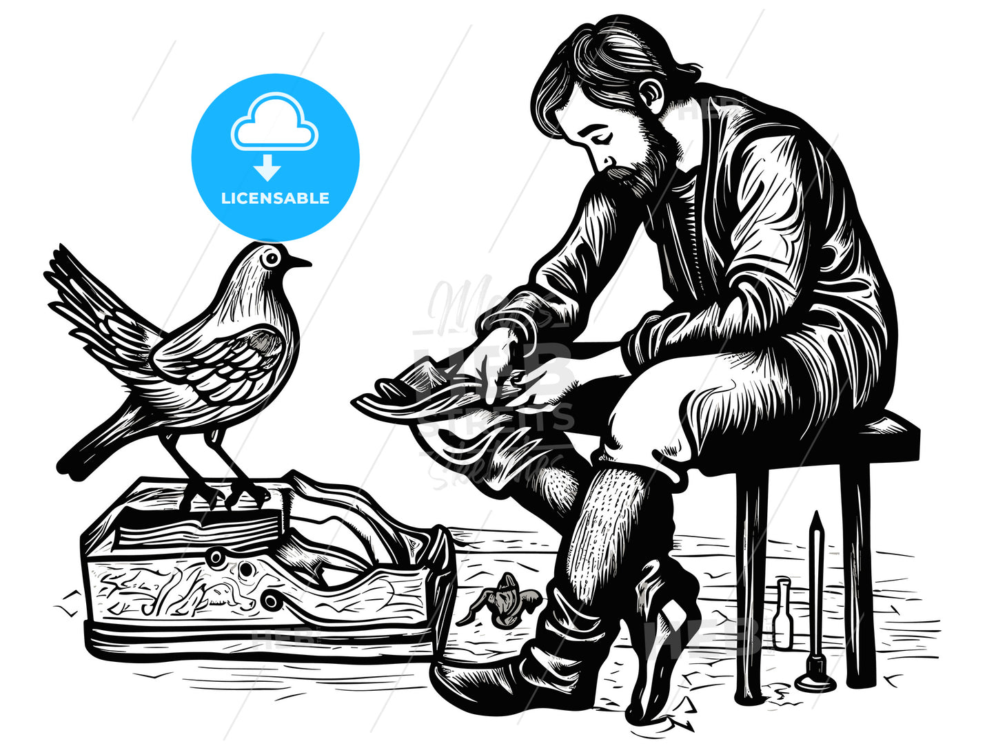 woodcut of a dove and a shoemaker.