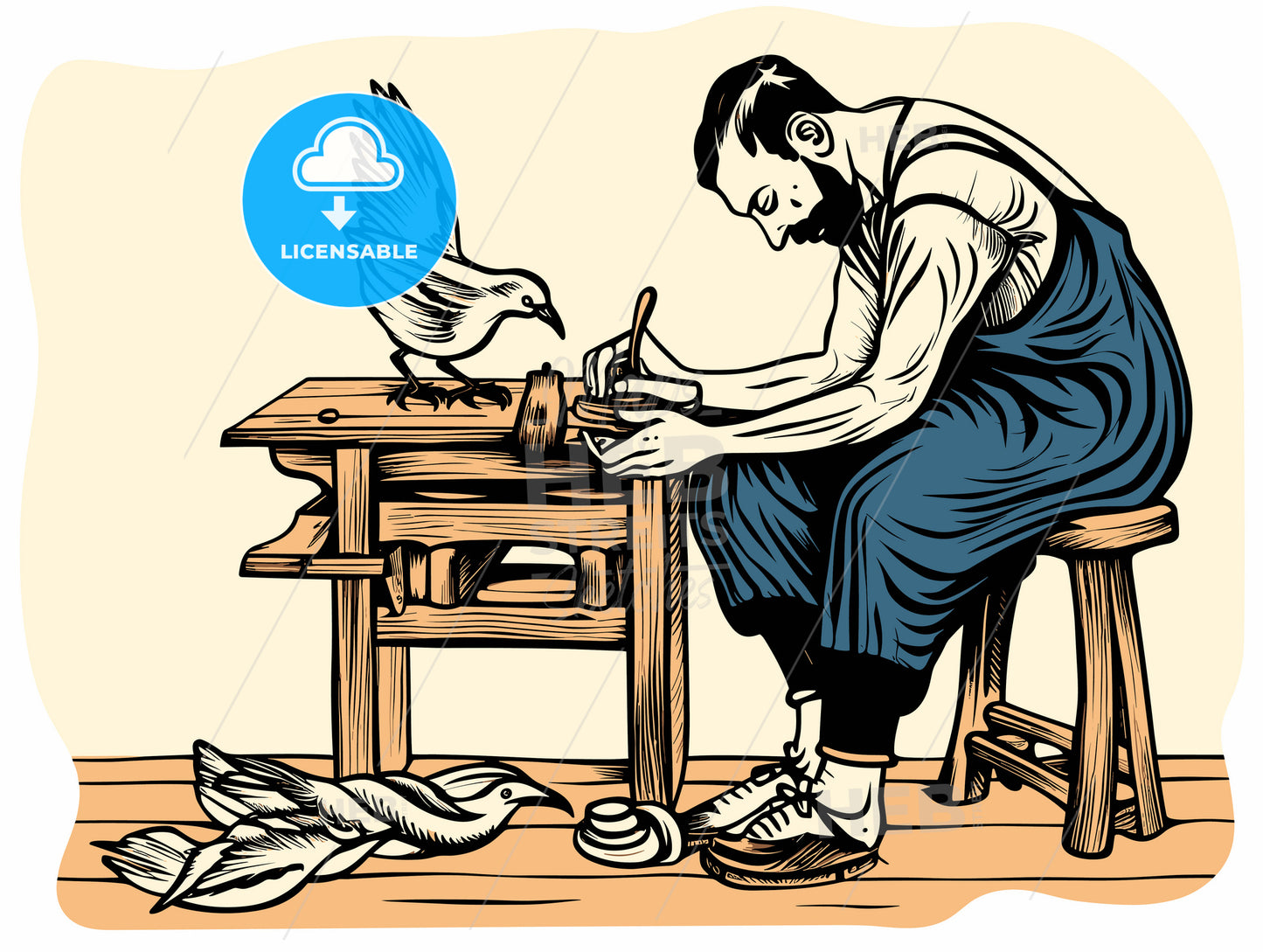 woodcut of a dove and a shoemaker.