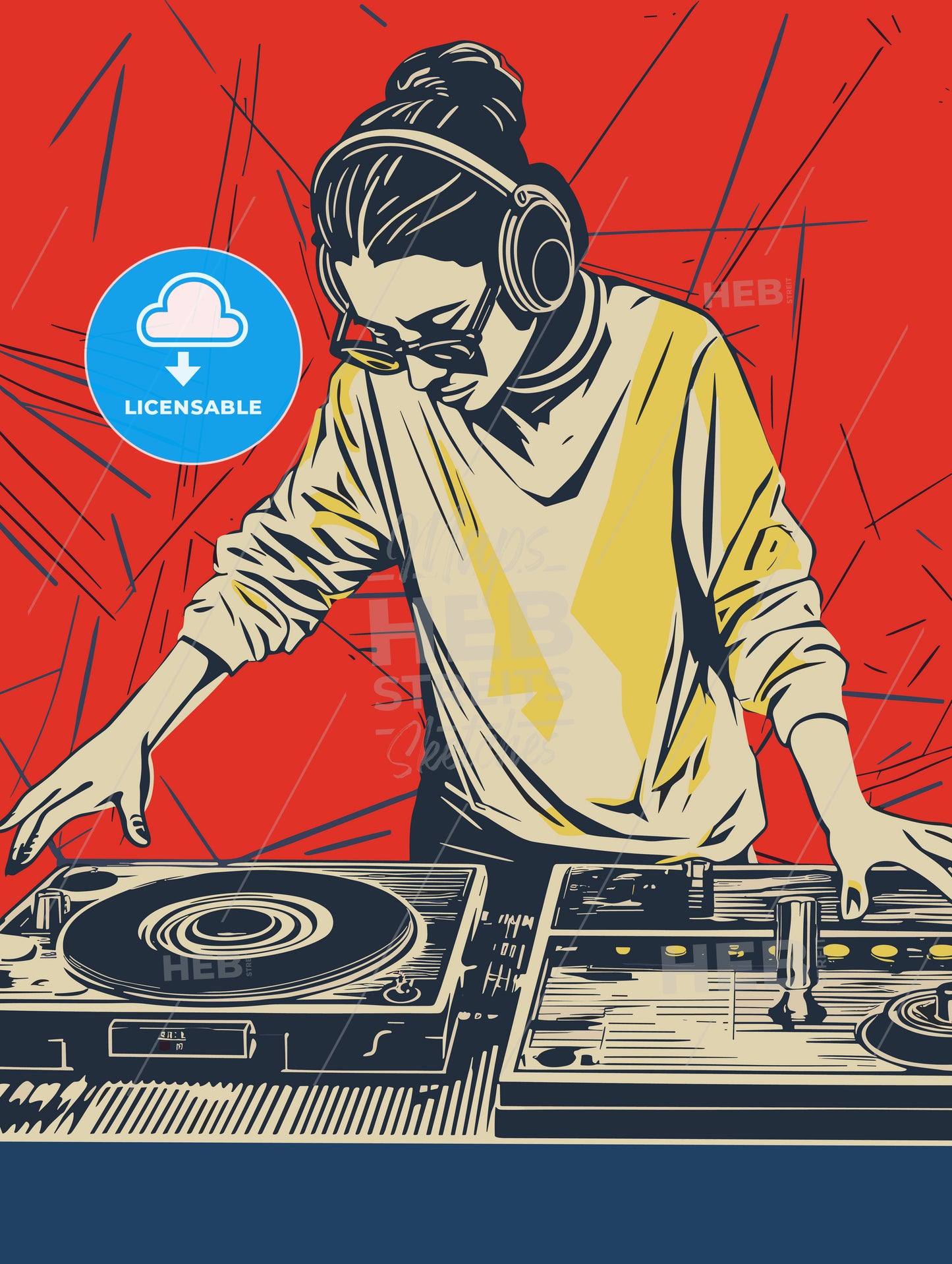 A woman dj mixing from turntables on a grunge BG