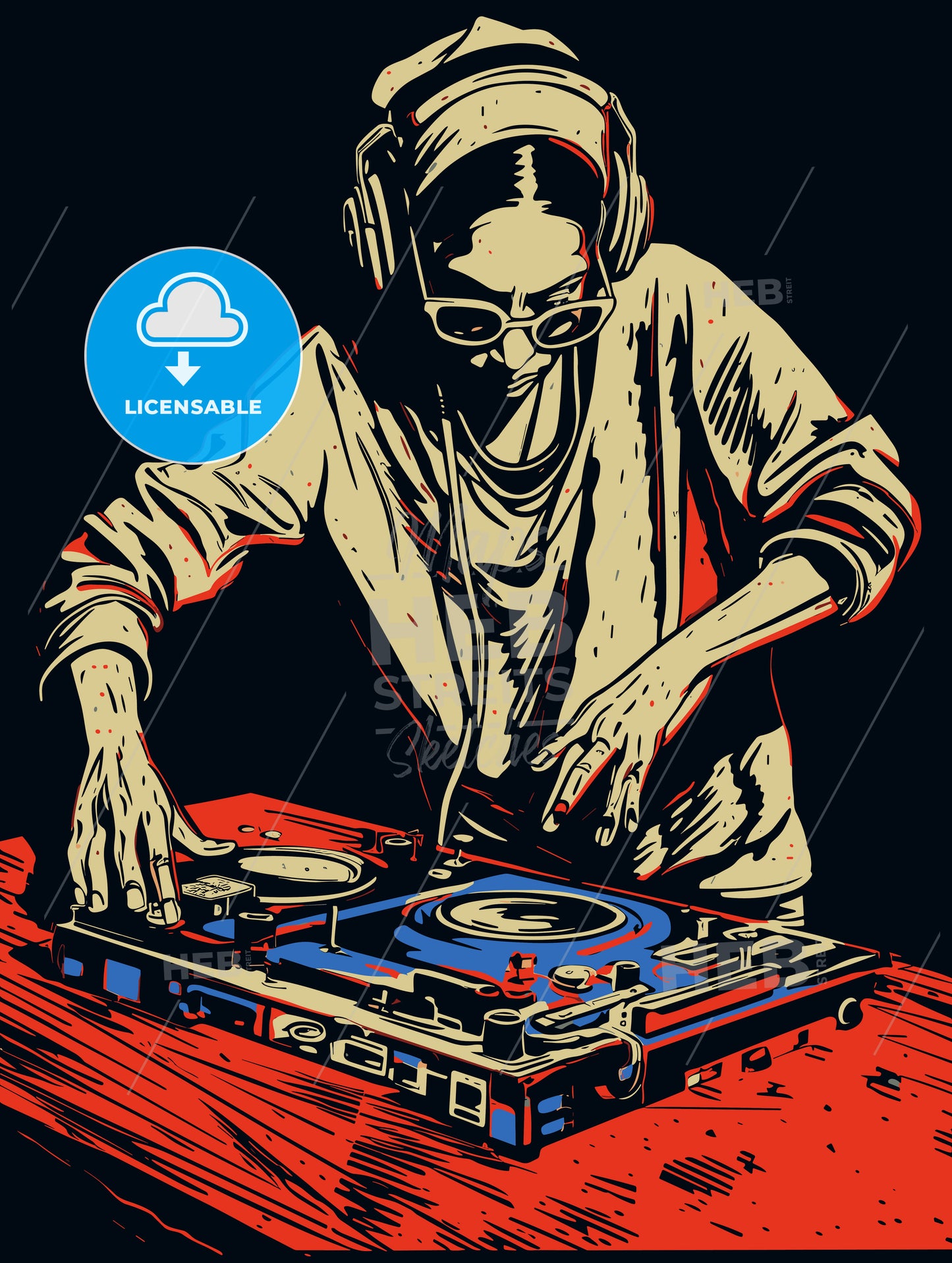 A woman dj mixing from turntables on a grunge BG