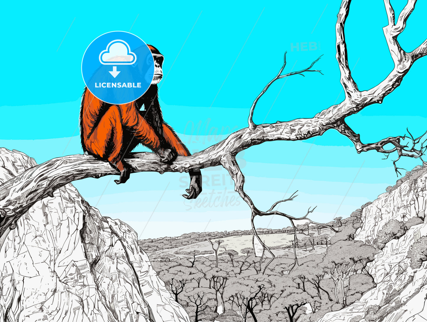 Alone adult chimp sitting on a cliff and thinking