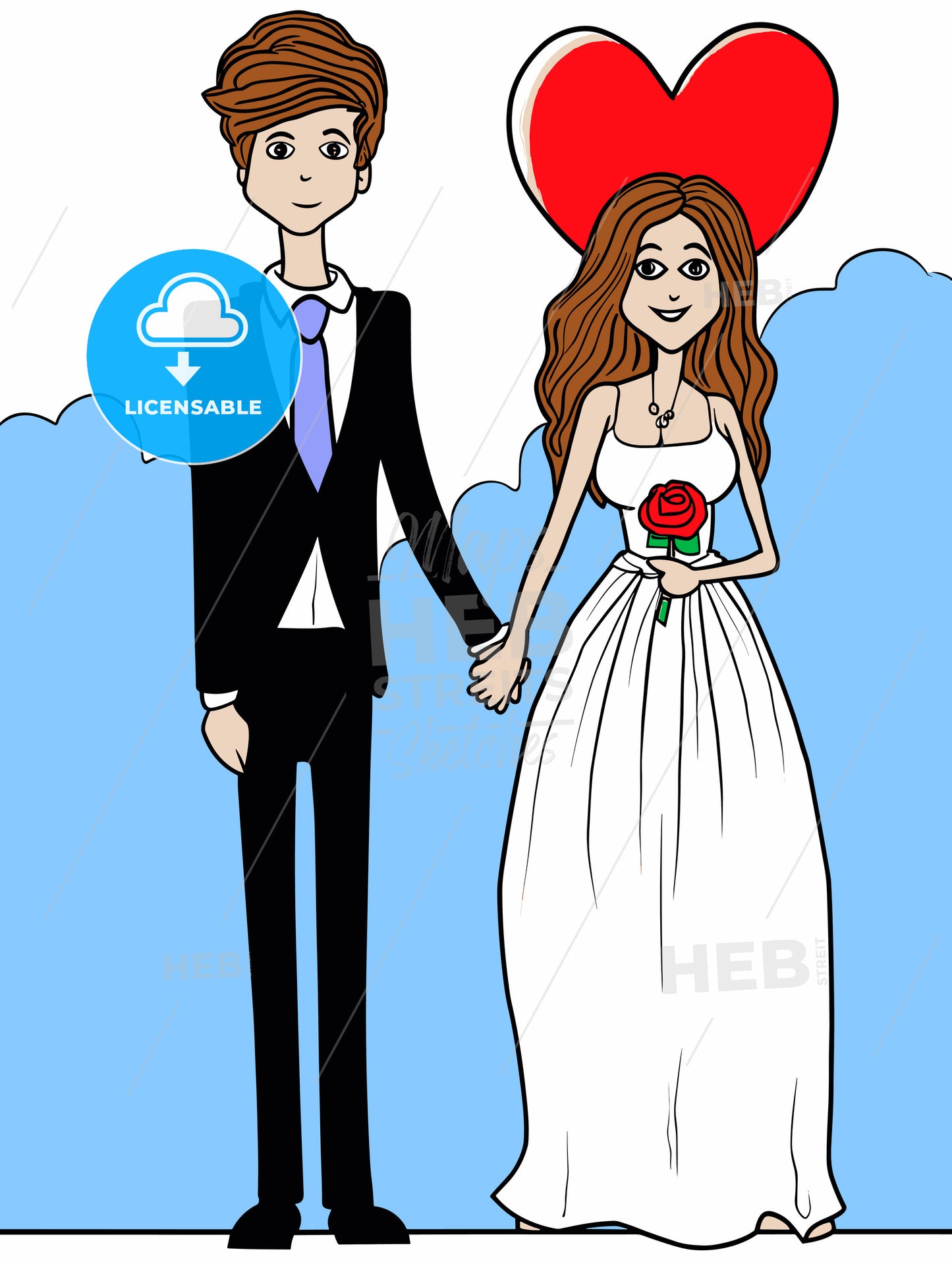 Cartoon bride and groom are holding heart poster