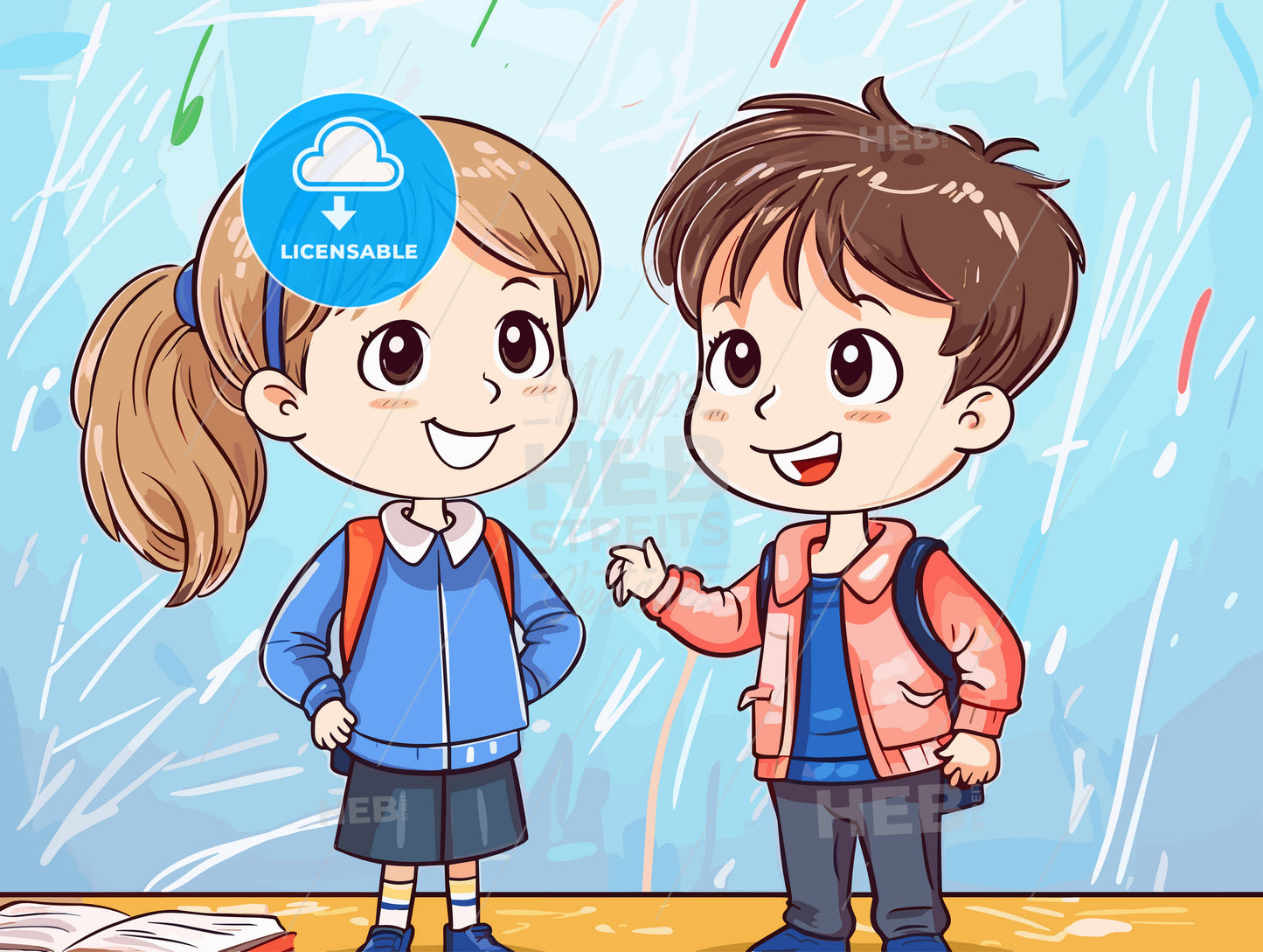 Cute boy and girl at school in front of a big blackboard