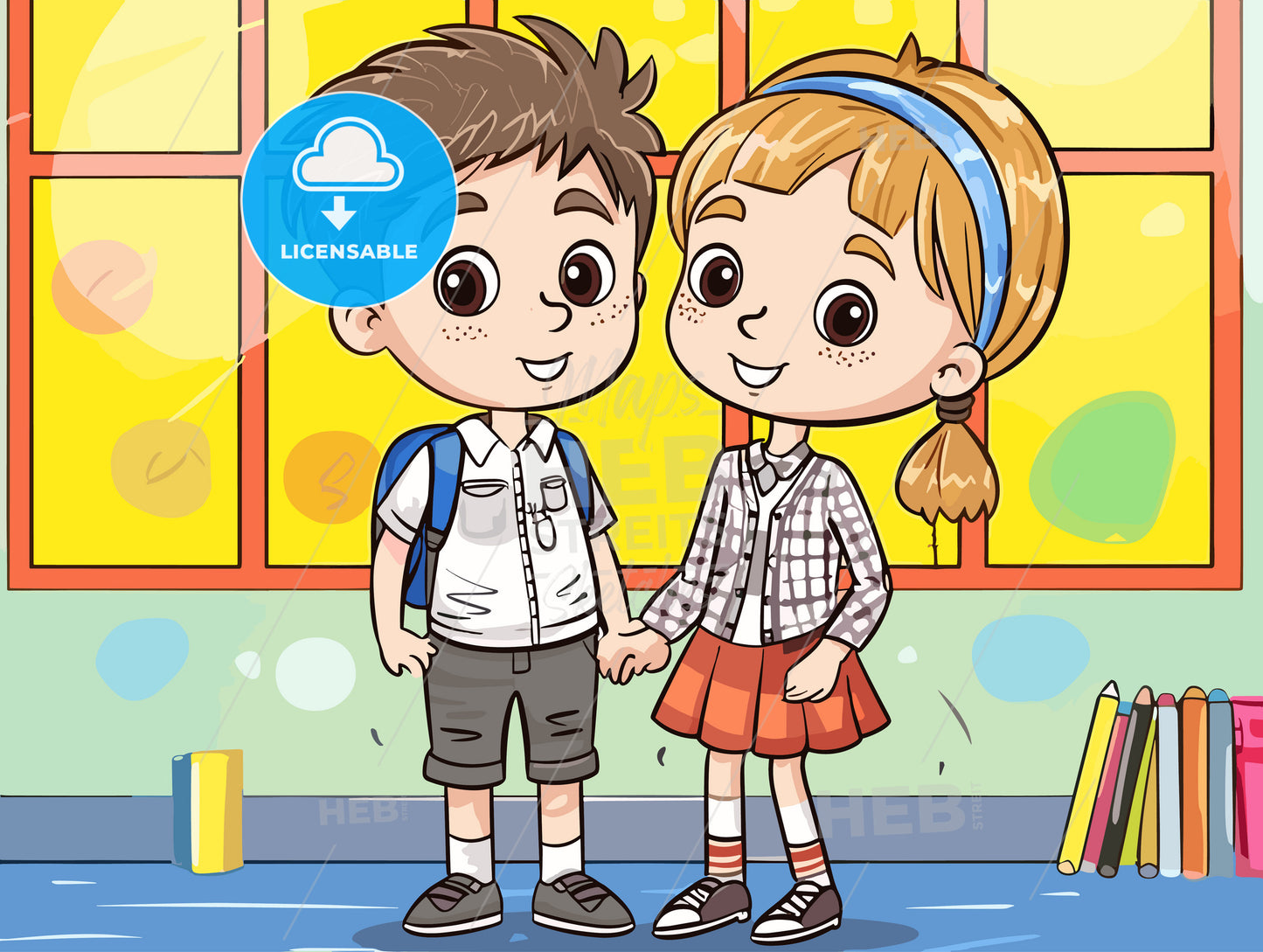 Cute boy and girl at school in front of a big blackboard