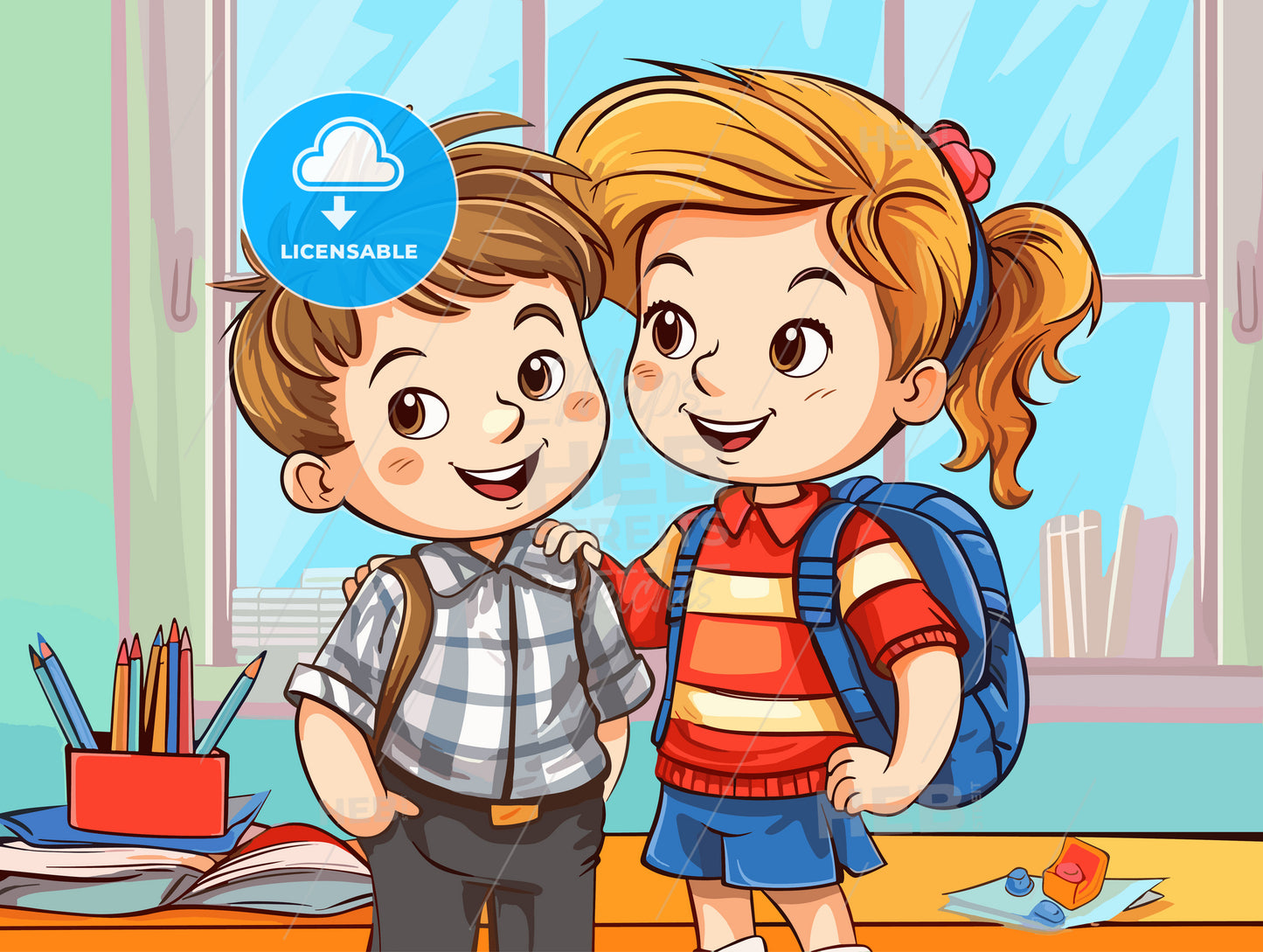 Cute boy and girl at school in front of a big blackboard