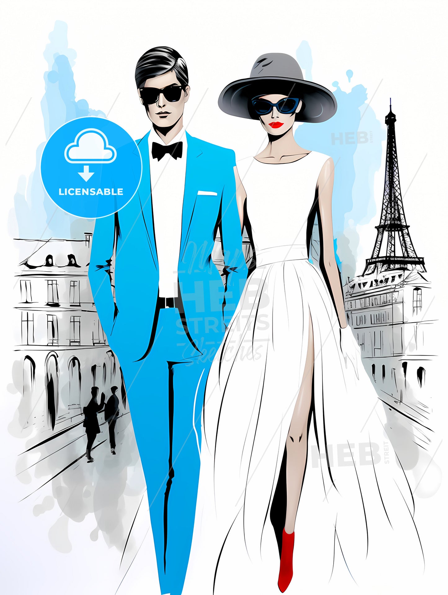 Fashion illustration of Couple in Paris