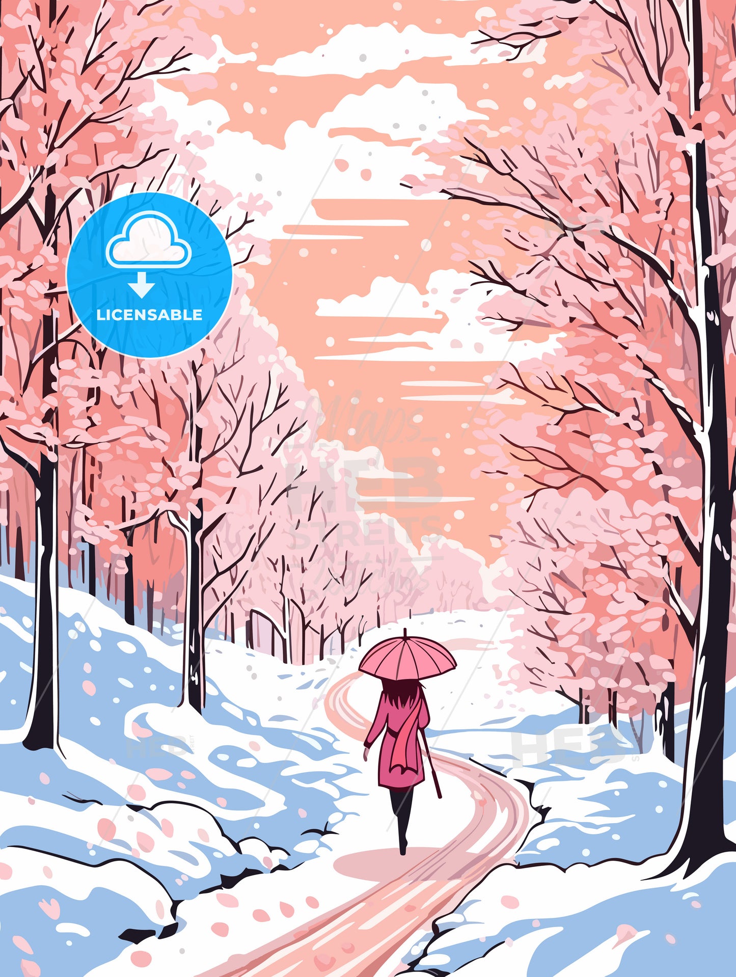 Girl with umbrella walking on the path