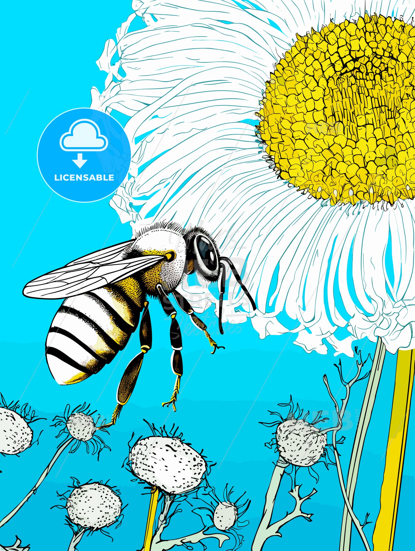 Honey bee on a blue flower pollinating