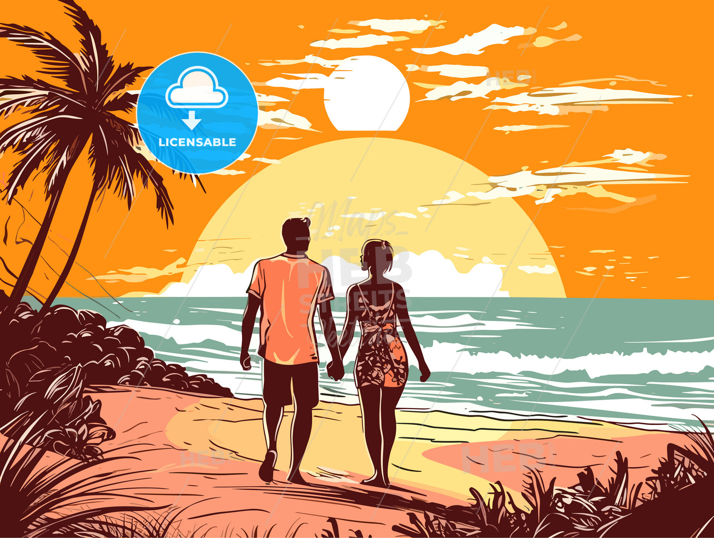 Honeymoon couple romantic in love at beach