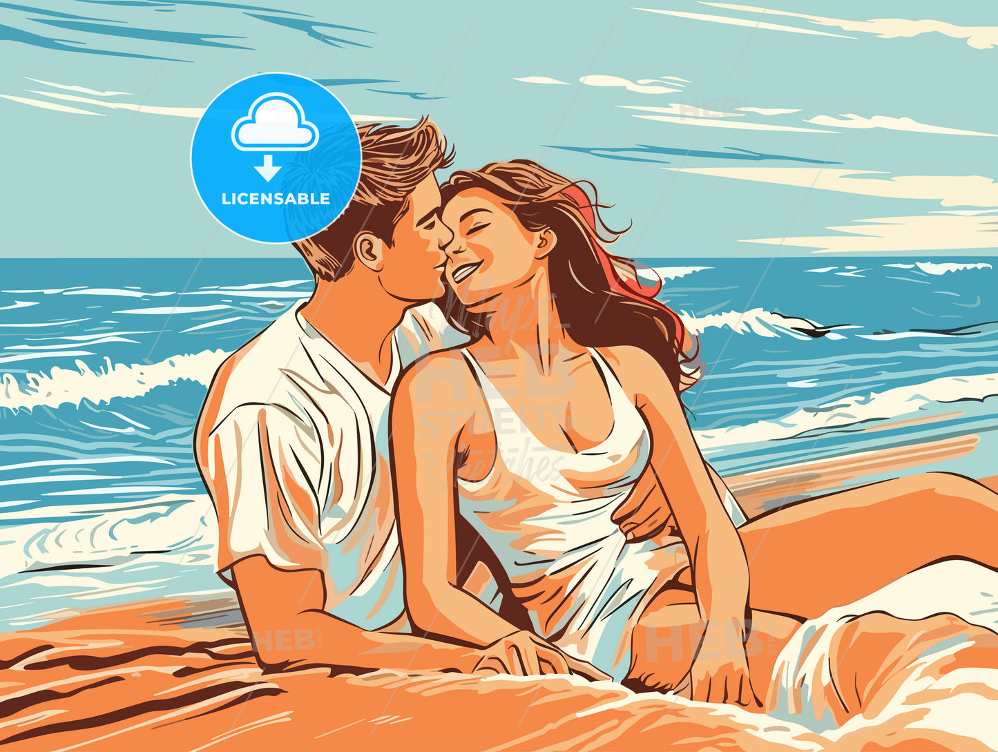 Honeymoon couple romantic in love at beach