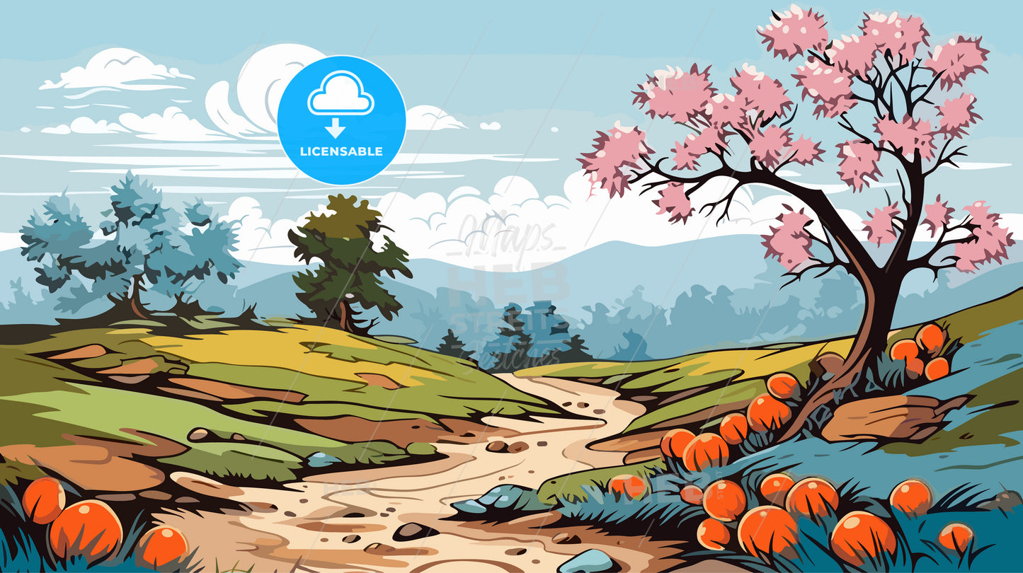 Landscape of easter with eggs spring flowers