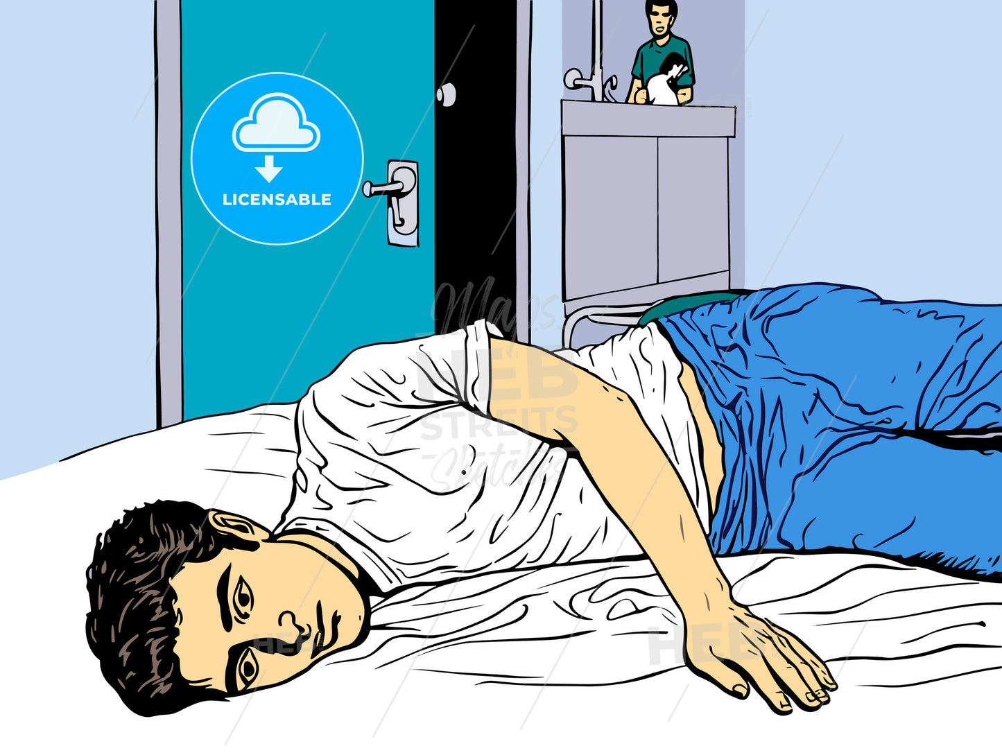 Lazy sleeping man disturbed by alarm clock ringing