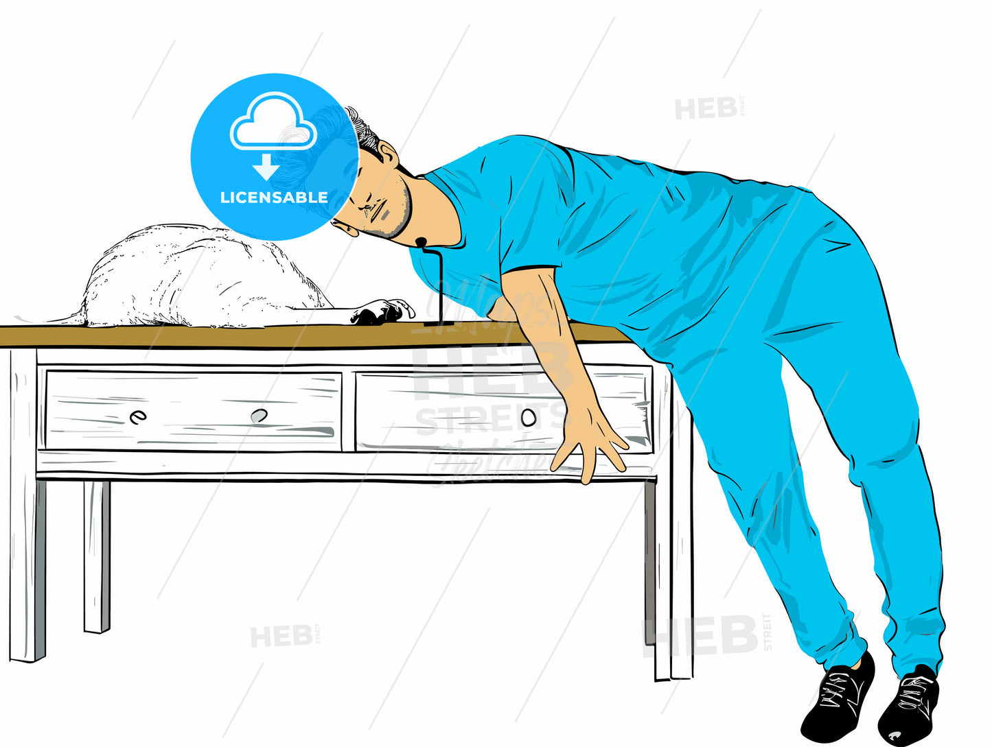 Lazy sleeping man disturbed by alarm clock ringing