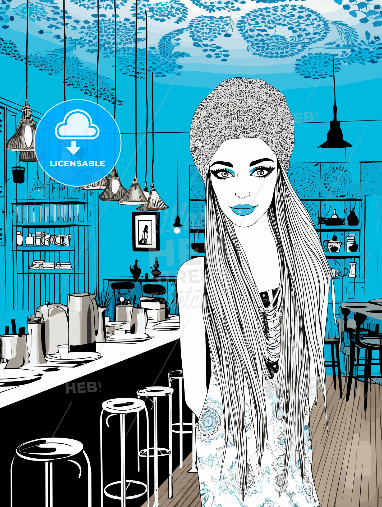 Lifestyle fashion illustration in the coffee bar