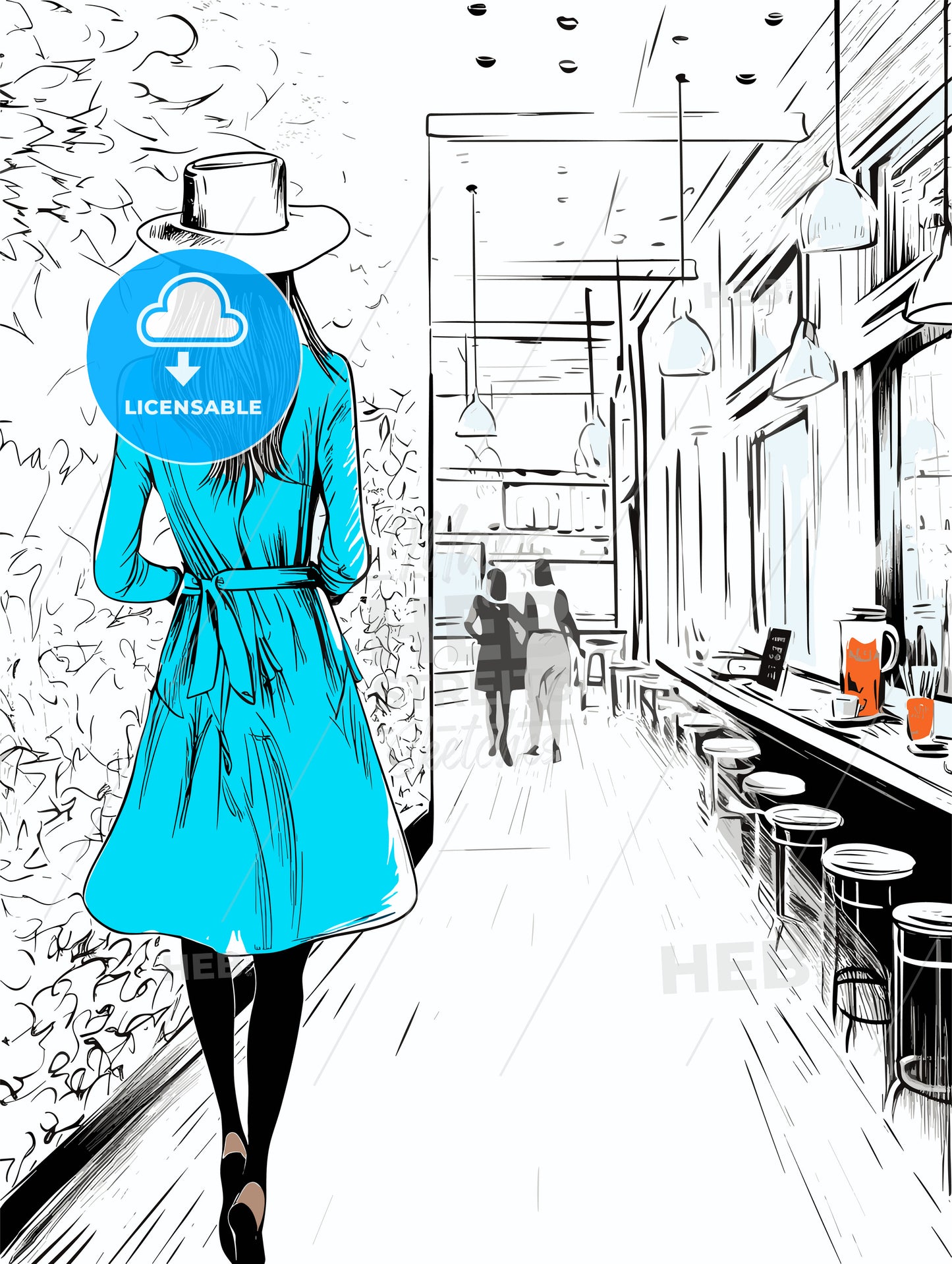 Lifestyle fashion illustration in the coffee bar