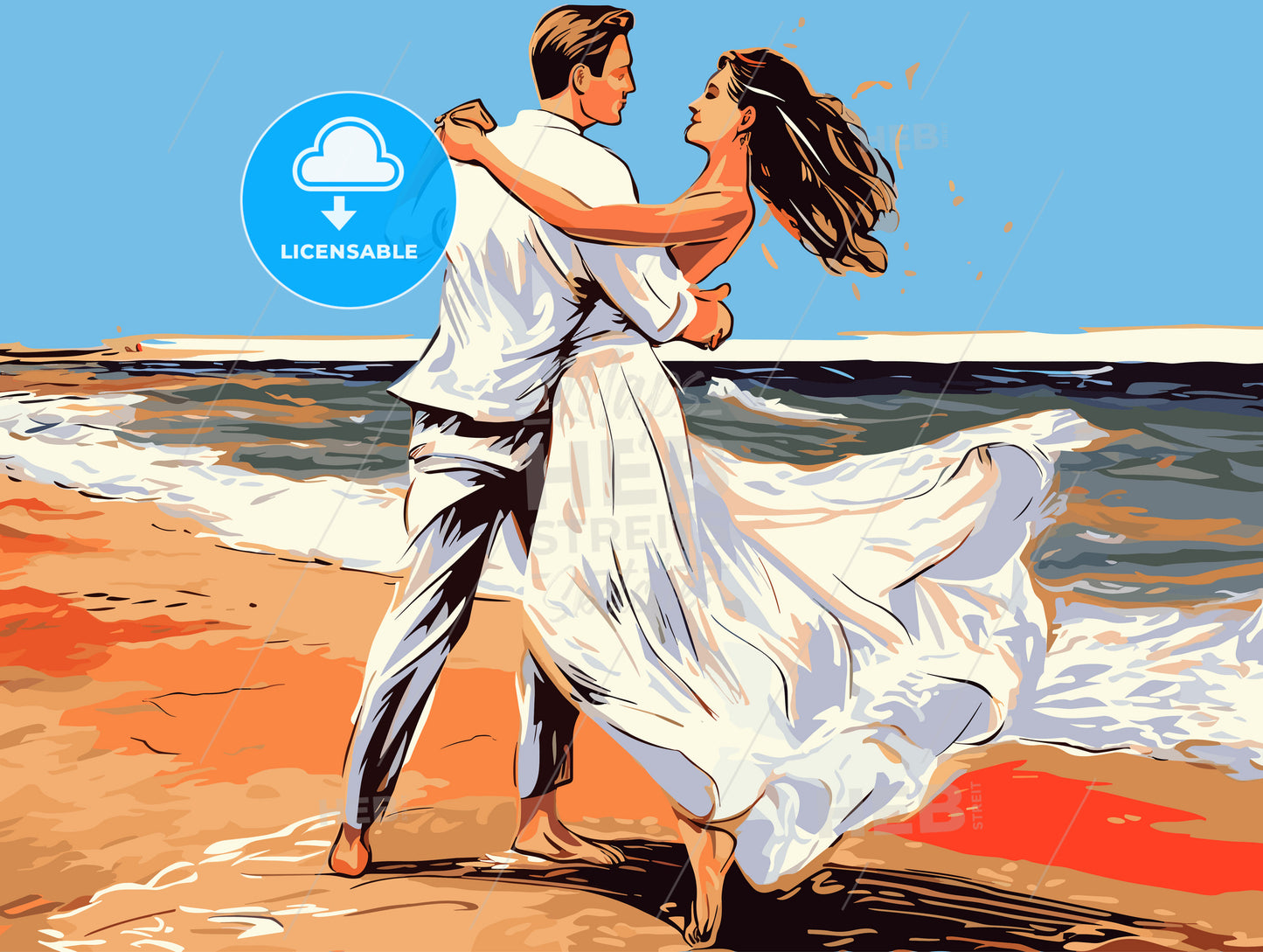 Loving wedding couple dancing on beach in white dress