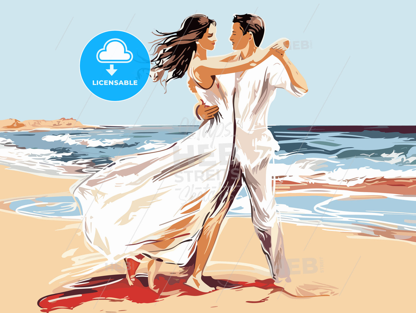 Loving wedding couple dancing on beach in white dress
