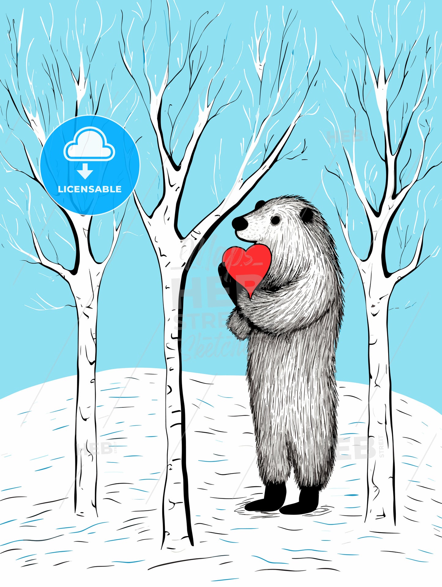 Merry christmas card with a cute bear huging a heart