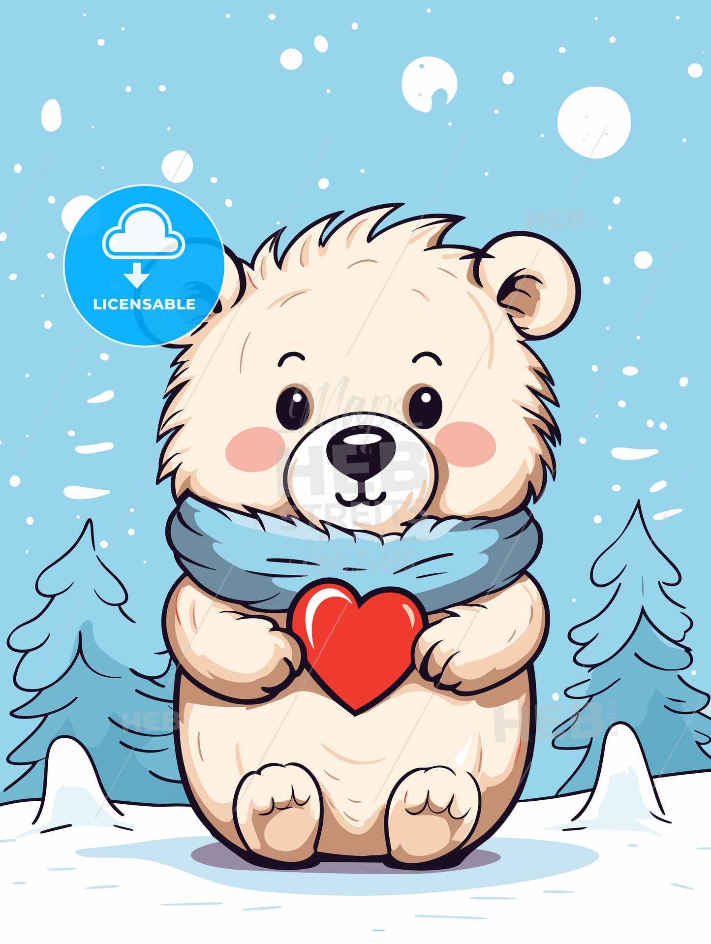 Merry christmas card with a cute bear huging a heart