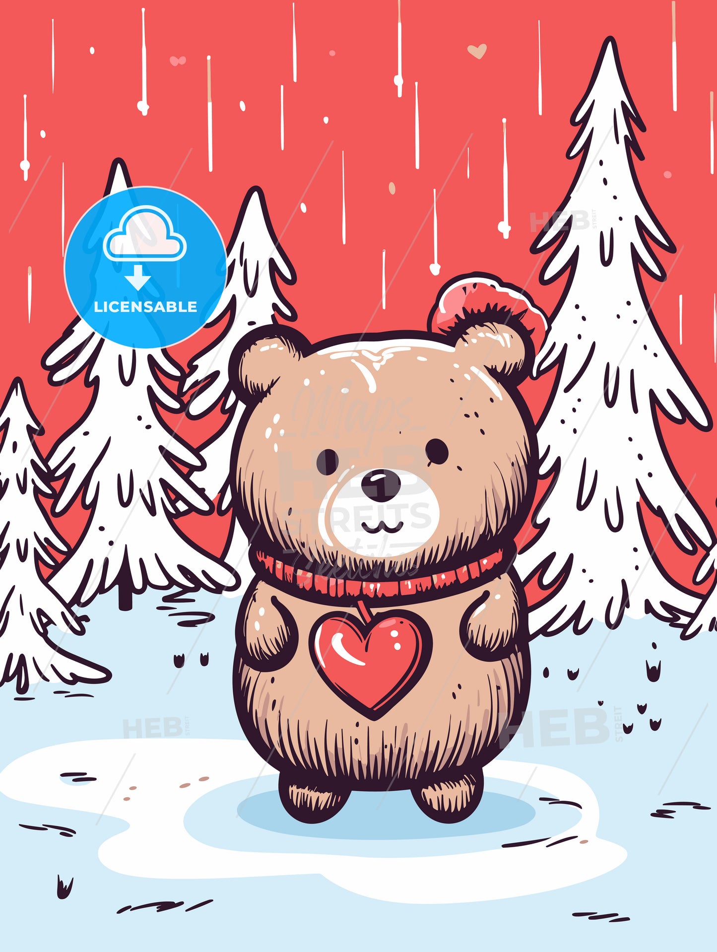 Merry christmas card with a cute bear huging a heart