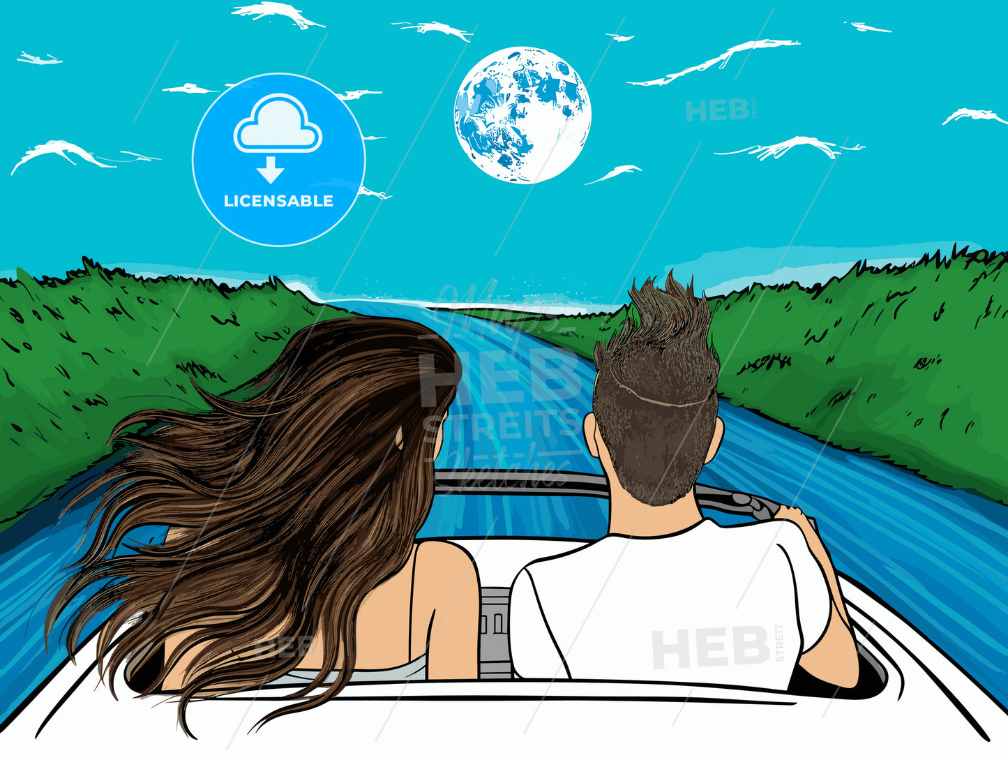 Newlywed couple driving a car for their honeymoon