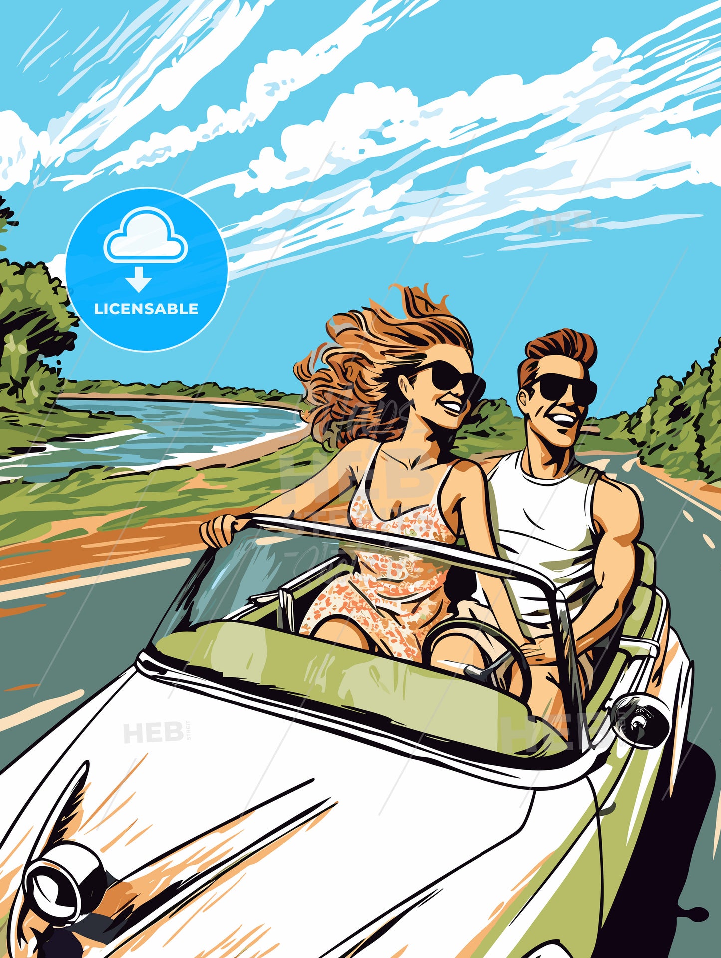 Newlywed couple driving a car for their honeymoon