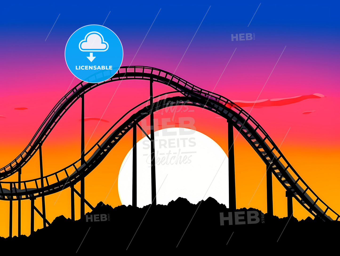 Roller coaster loop silhouetted at sunset