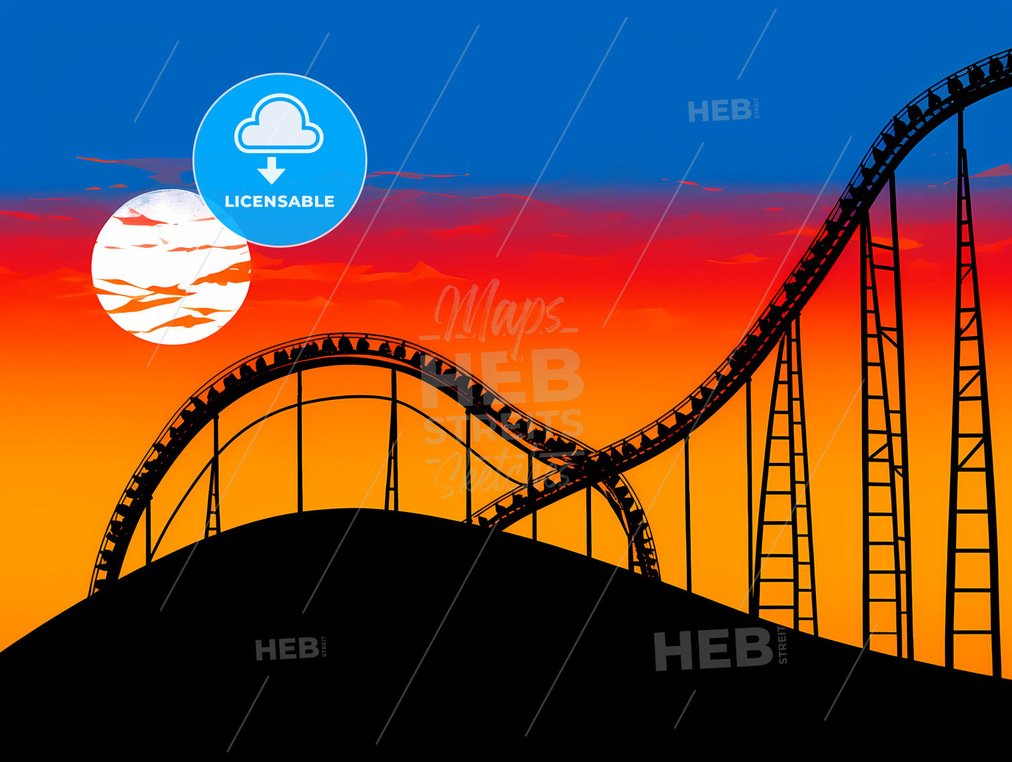 Roller coaster loop silhouetted at sunset