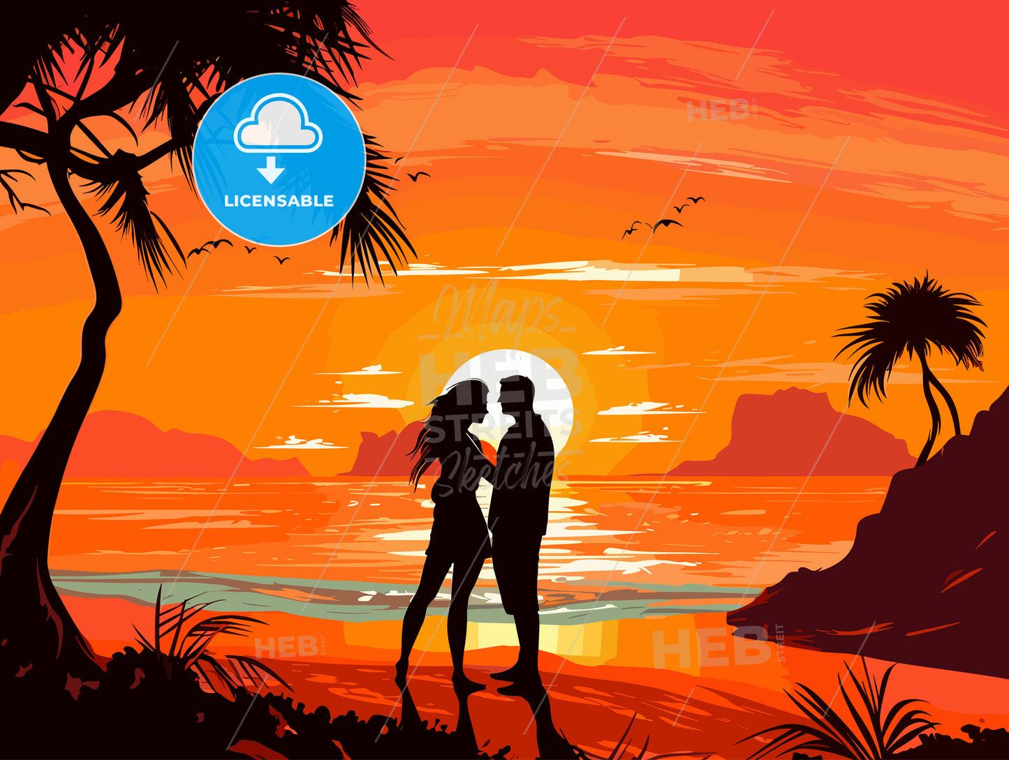 Romantic couple at uninhabited island at sunset