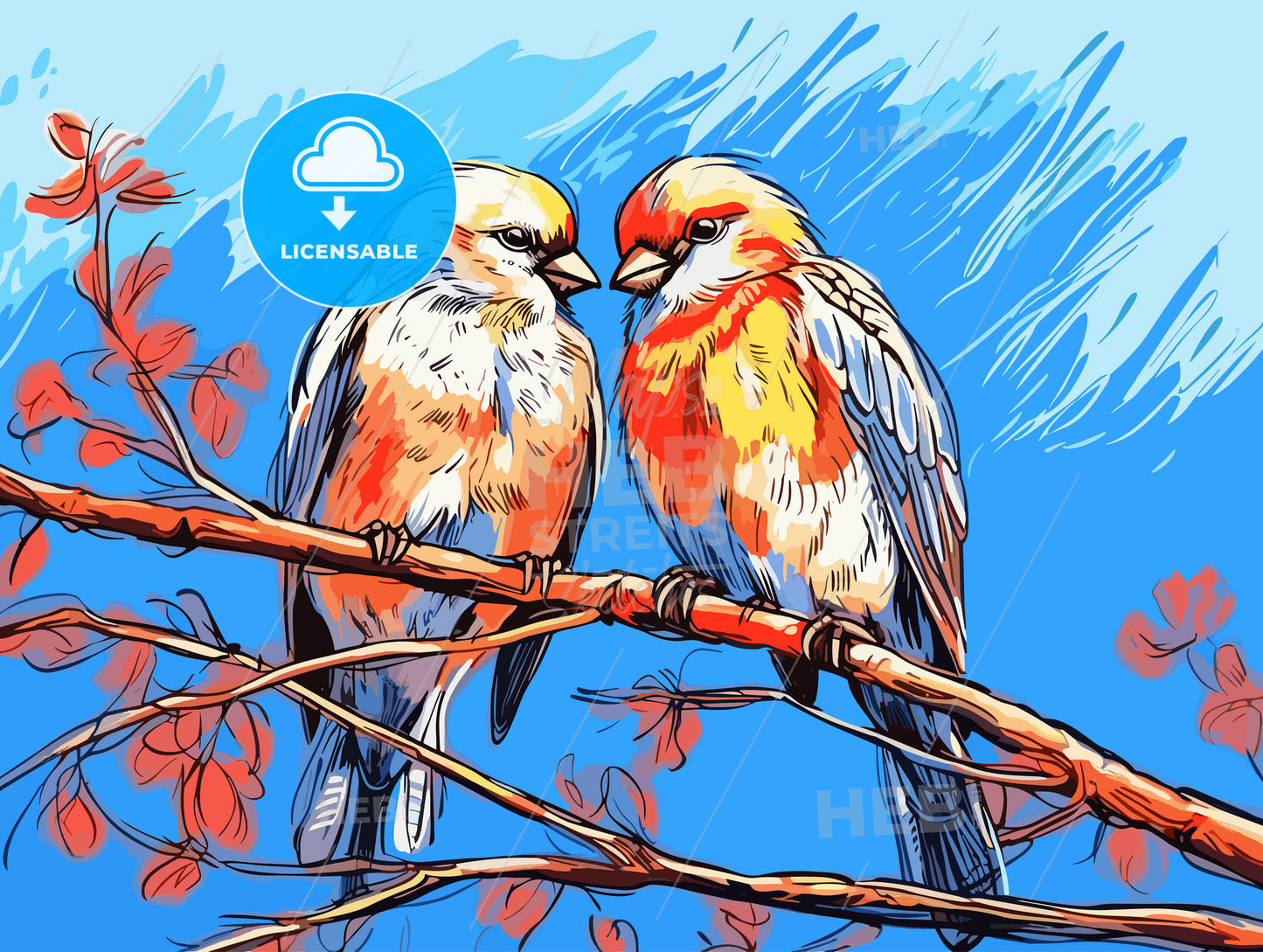 Two love birds against blue sky