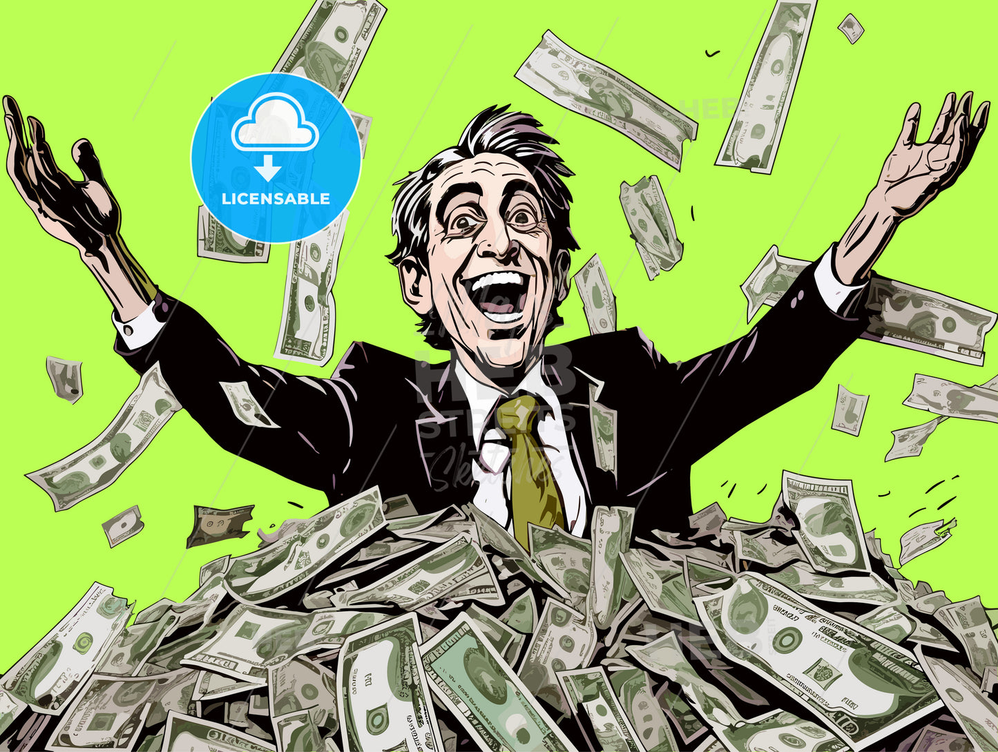 Very happy man under a rain of cash