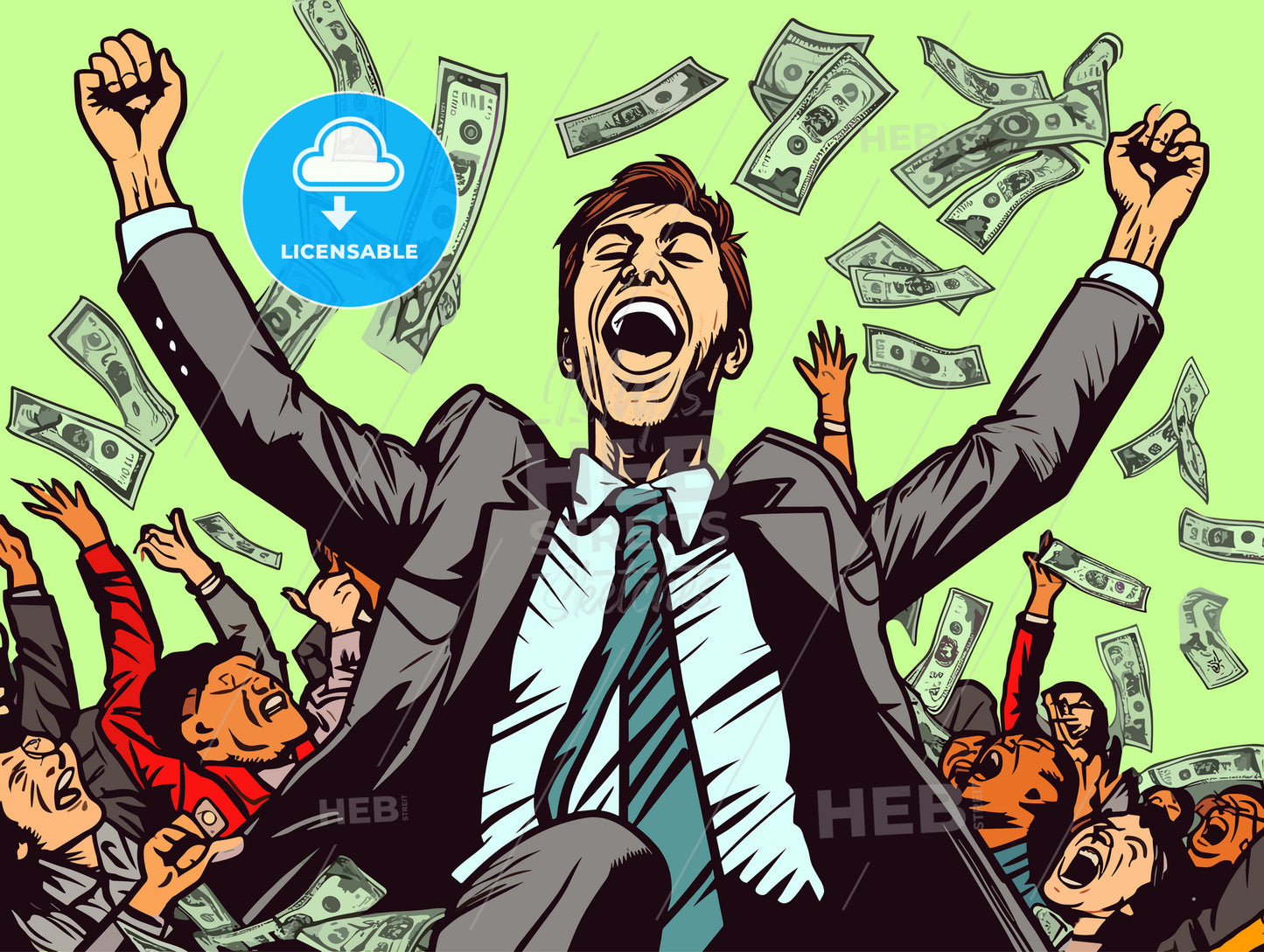 Very happy man under a rain of cash