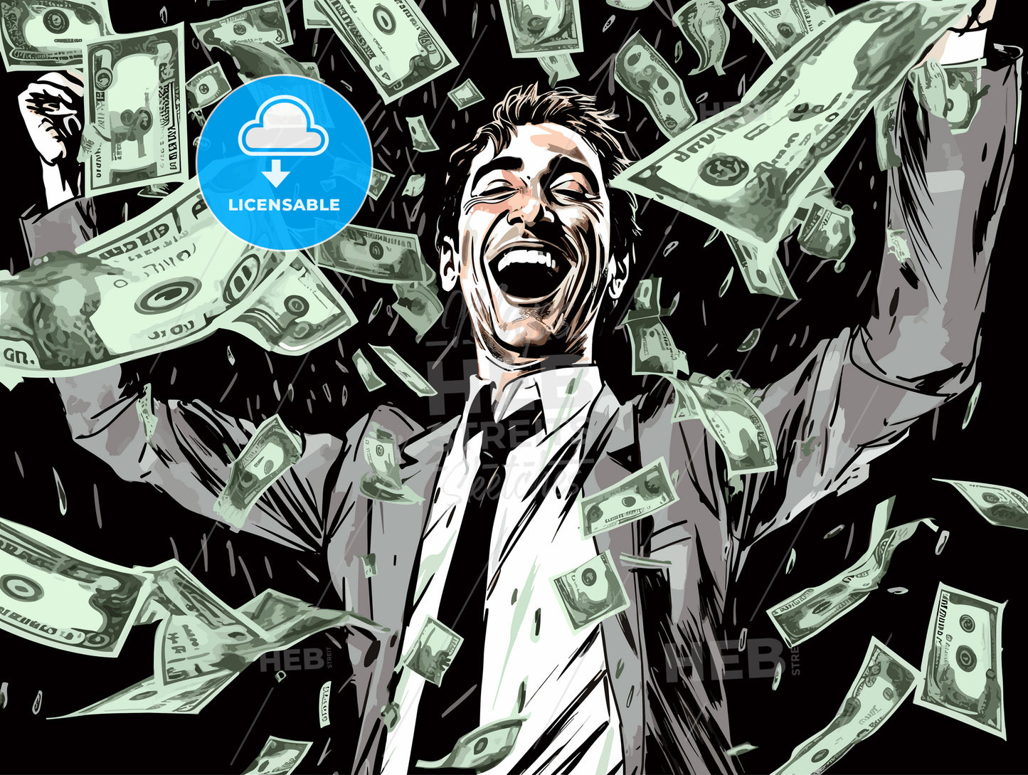 Very happy man under a rain of cash