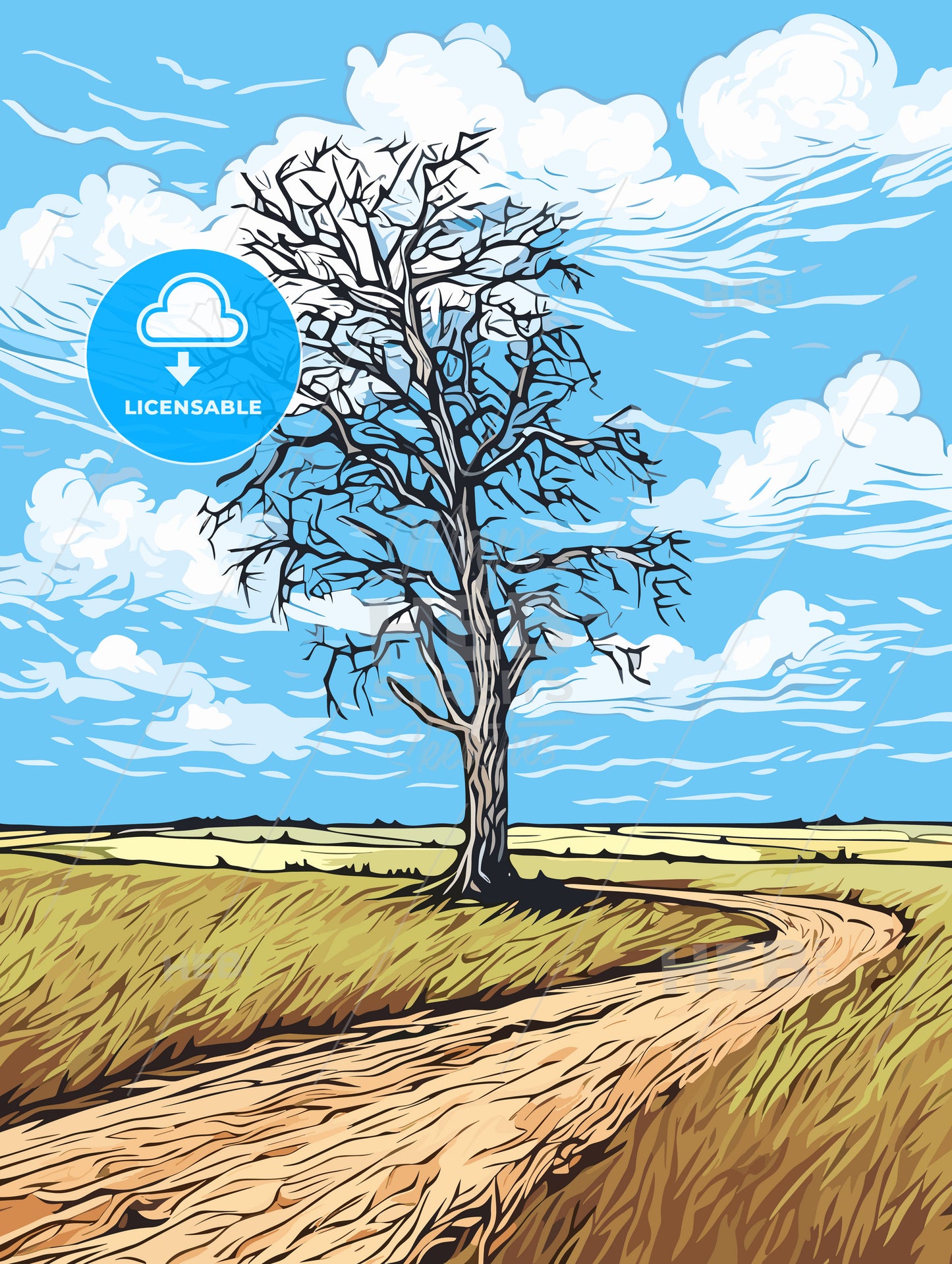 Windswept tree in a field against an cloudy sky