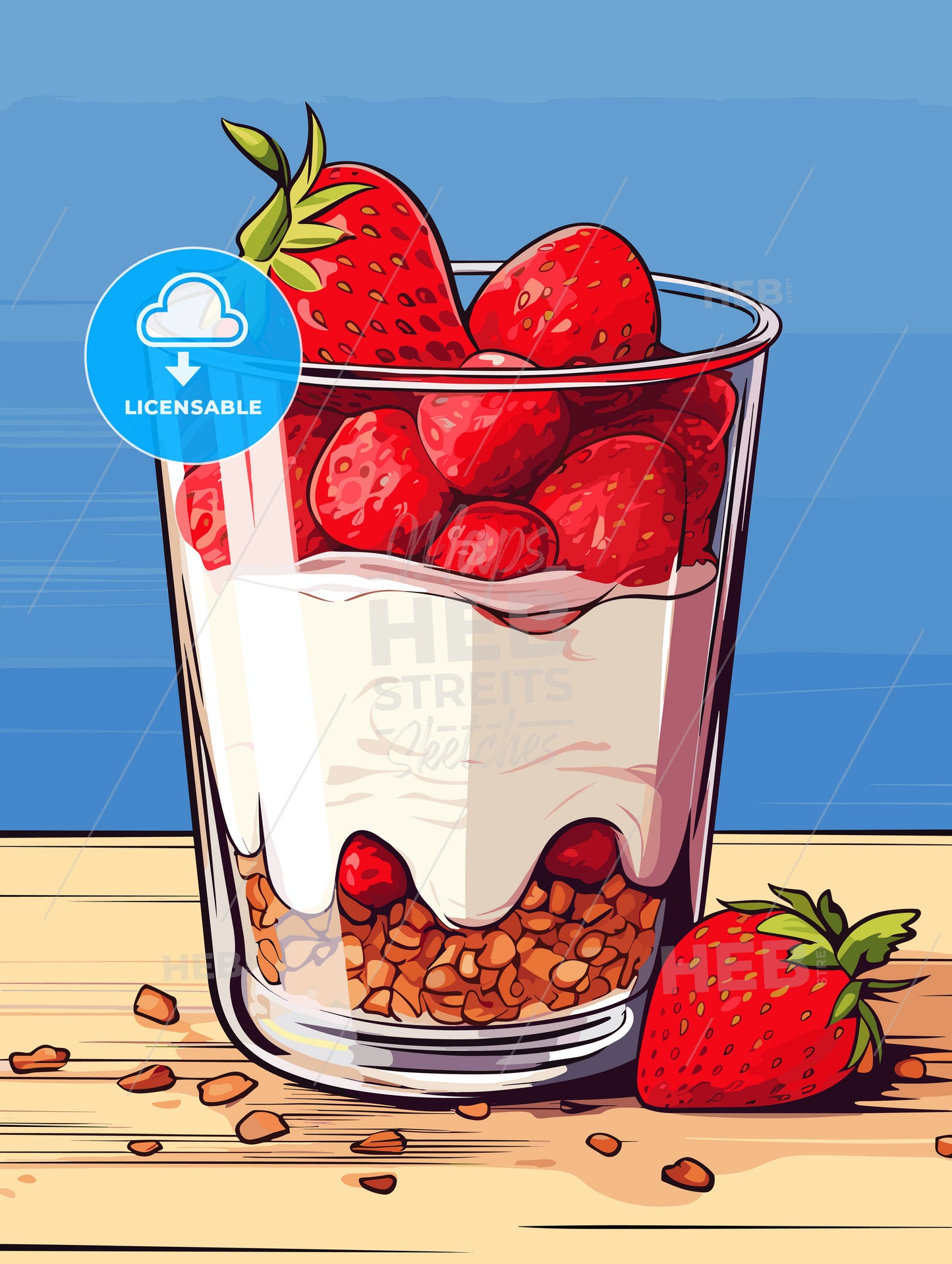 Yoghurt with granola and strawberries in glass