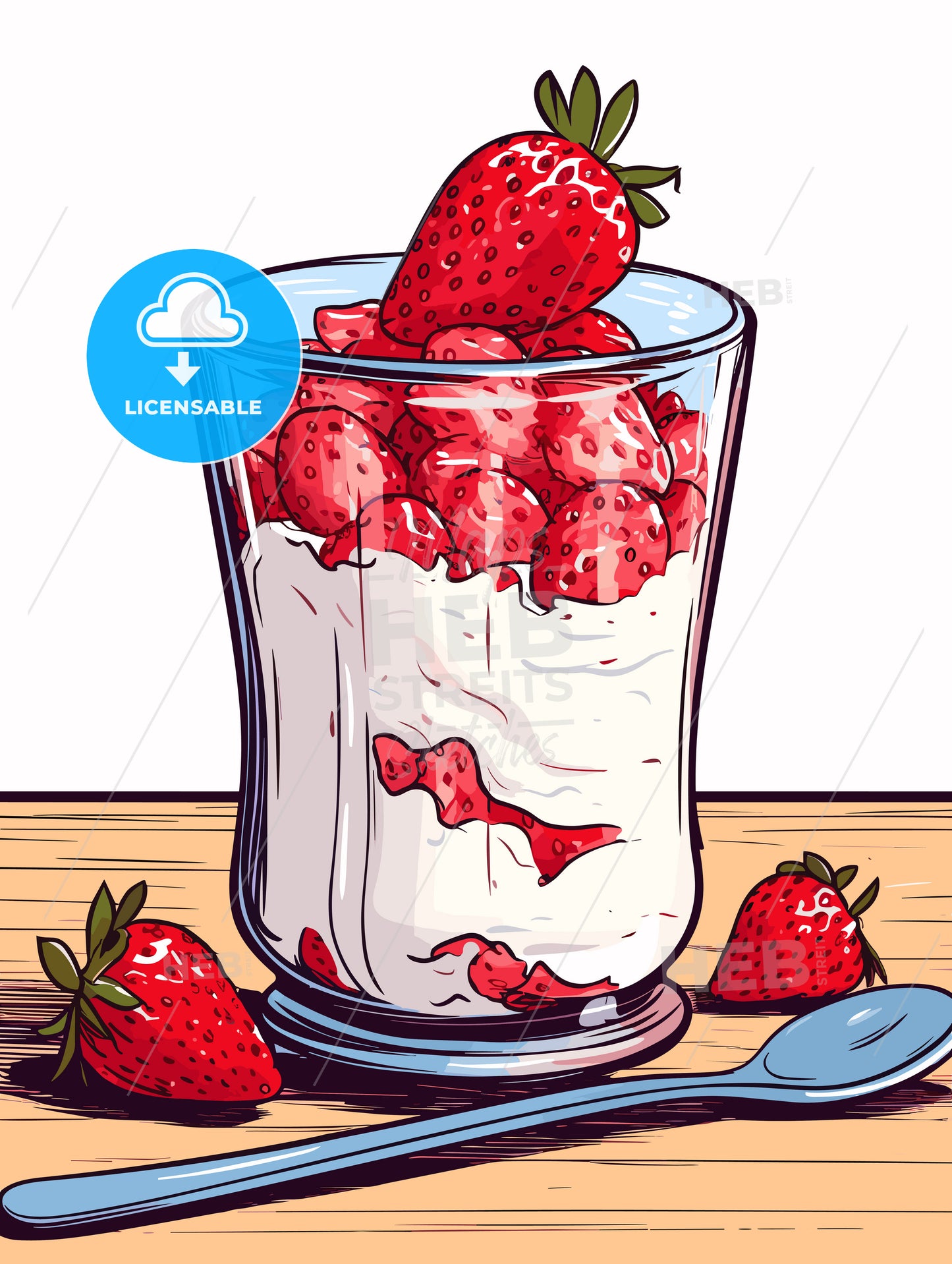 Yoghurt with granola and strawberries in glass