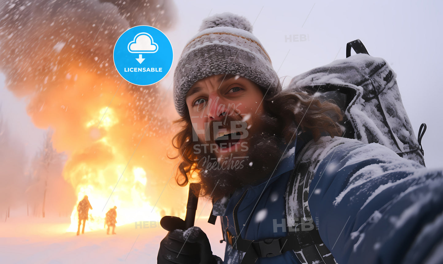 A Man With A Beard And A Backpack In Front Of A Fire