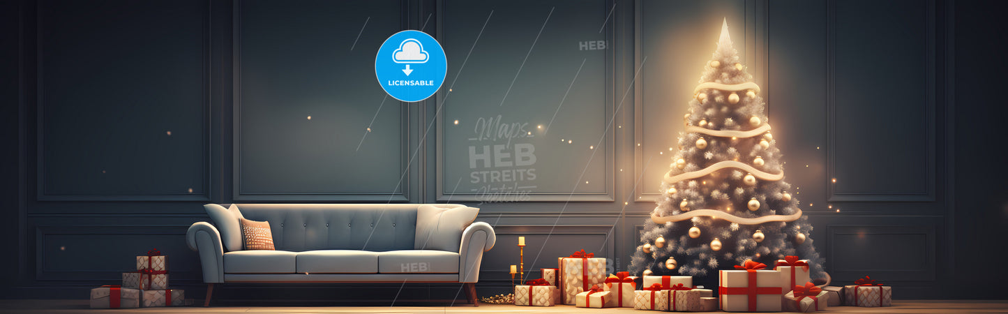 A Christmas Tree With Presents And A Couch In A Room
