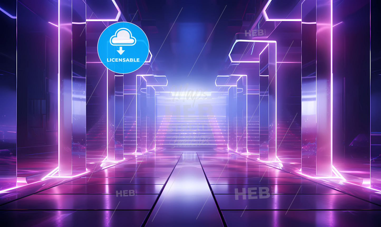 A Purple And Blue Lights In A Hallway