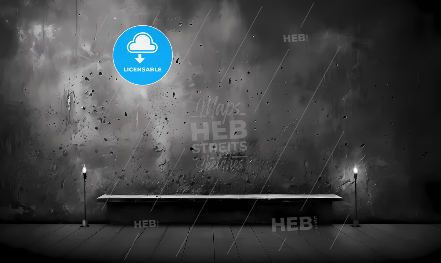 A Black And White Photo Of A Concrete Wall And A Bench